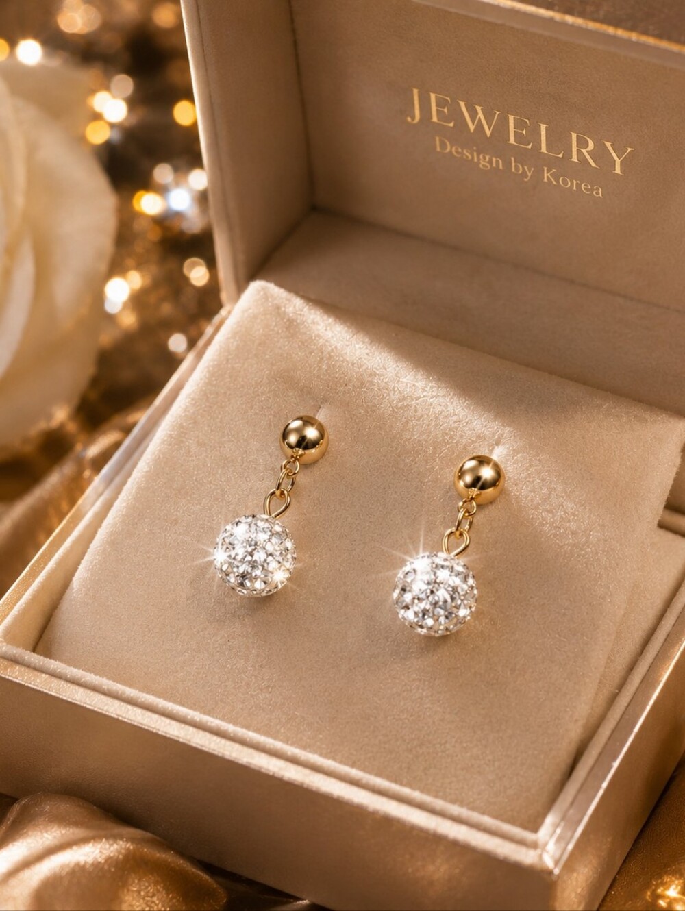 Sparkling Crystal Ball Drop Earrings  Designer Style  Gold Tone Stainless Steel